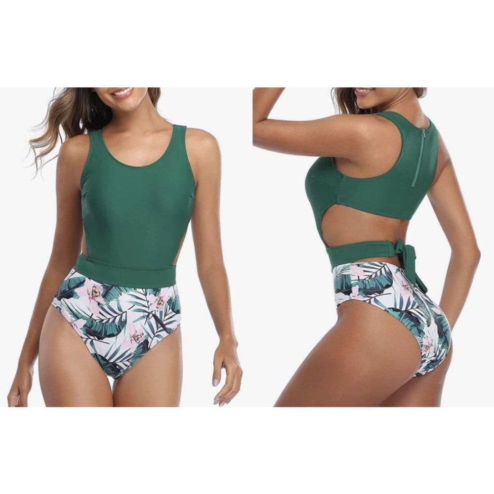 Tempt Me Floral High Neck Cut Out Swimsuit S